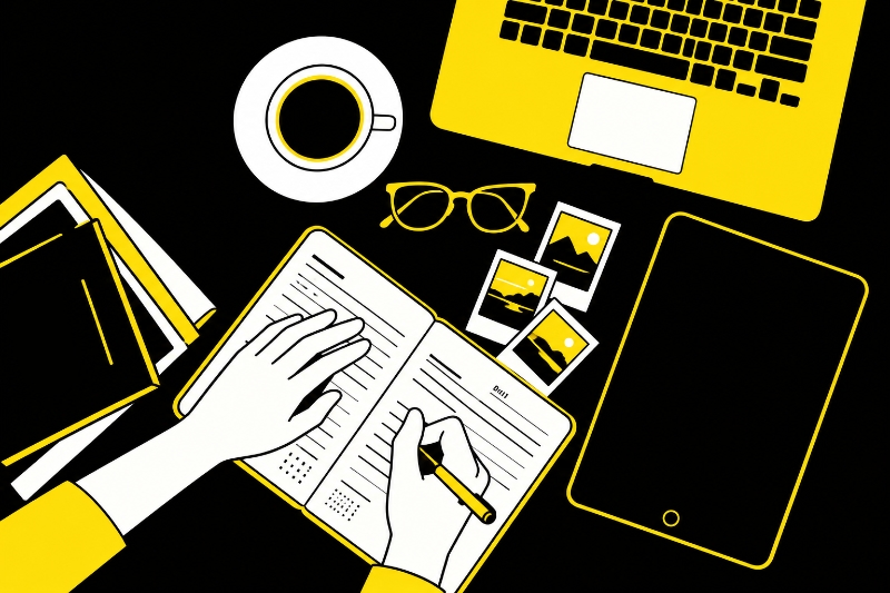 Persona trabajando con notas, café y computadora